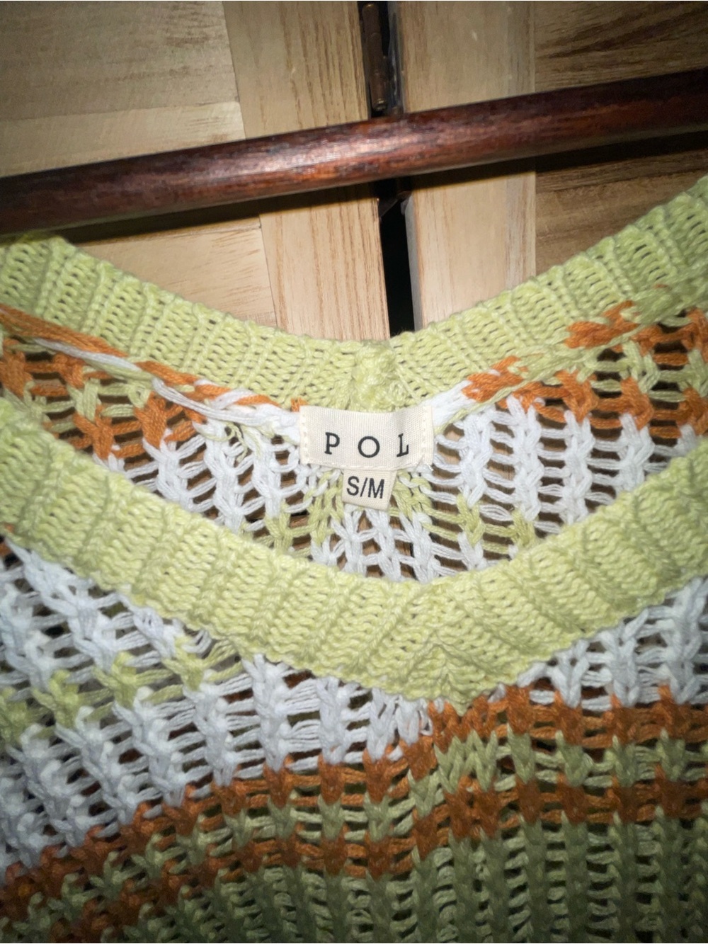 POL S/M Open Knit Striped V-Neck Sweater Green Rust White Coastal Boho Oversized - Picture 3 of 7